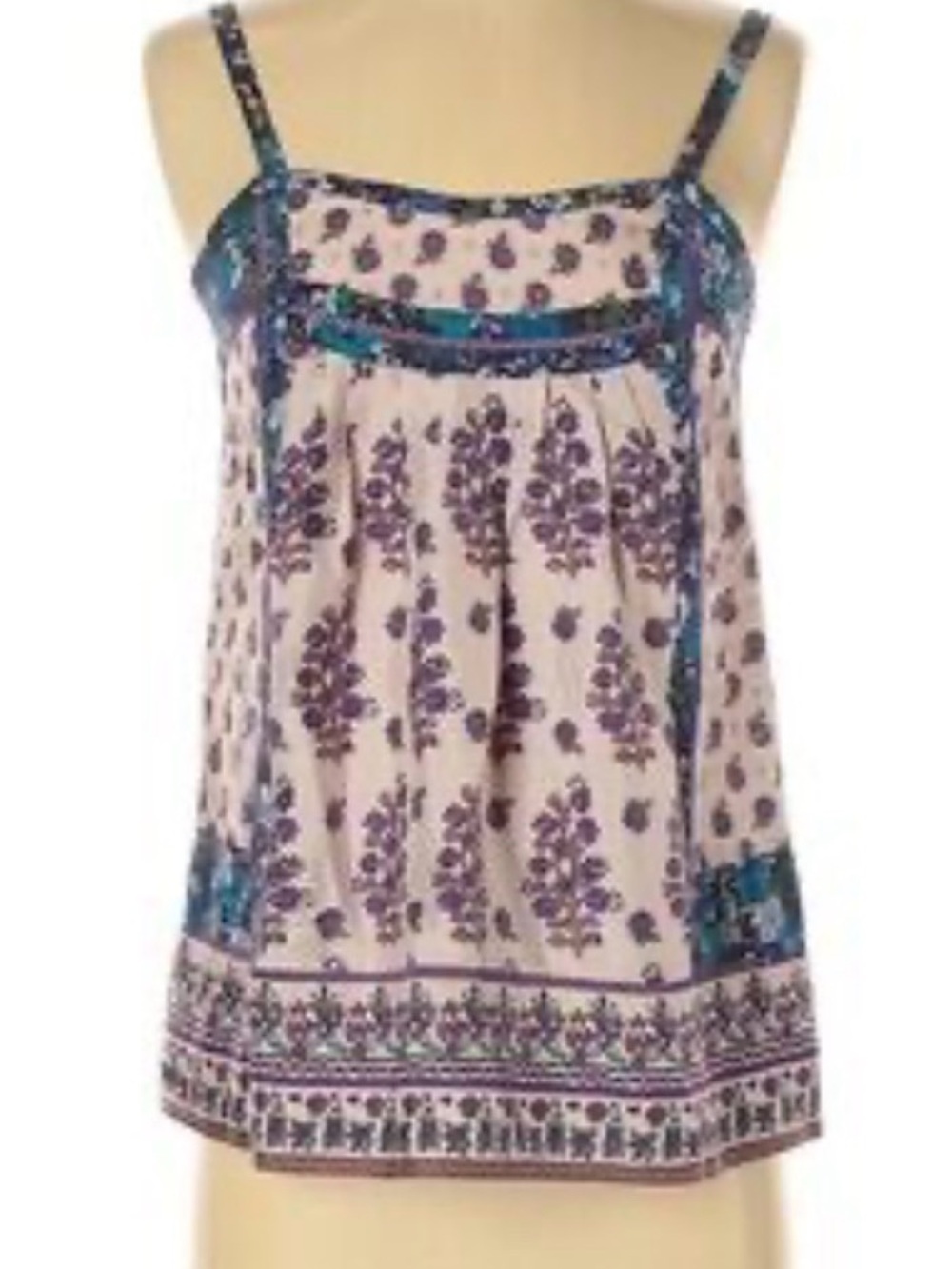 Rebecca Taylor Cream Camisole 100% silk with Purple & Teal Floral Print Sz 6